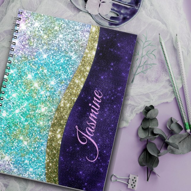 Carnet Monogramme iridescent violet bleu pailleté faux ch (Créateur téléchargé)