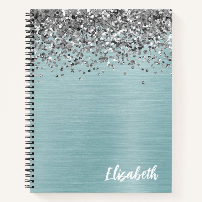 Carnet Monogramme Métal Brossé Aqua Sarcelle Paillettes A (Devant)