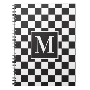 Carnet Monogramme moderne en noir et blanc À damiers Moti
