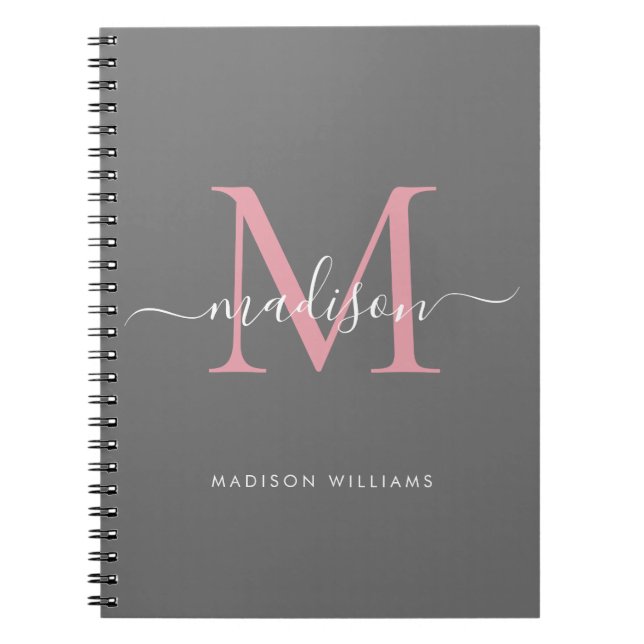 Carnet Monogramme moderne Gris Blush Rose Girl Nom du scr (Devant)
