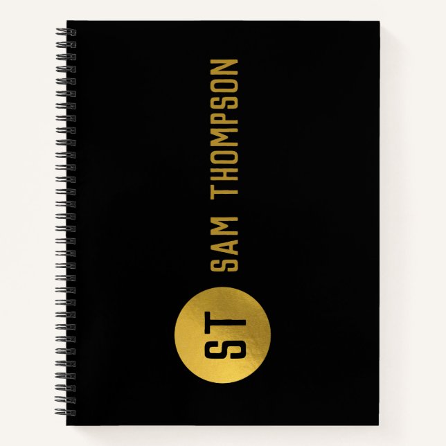 Carnet Monogramme moderne noir & or élégant personnalisé (Devant)
