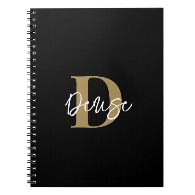 Carnet Monogramme moderne Nom du script Black Gold (Devant)