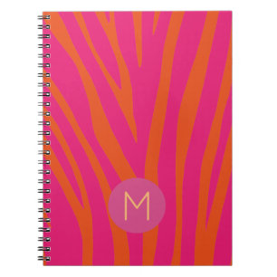 Carnet Monogramme Moderne Rayures de Zèbre Rose et Orange