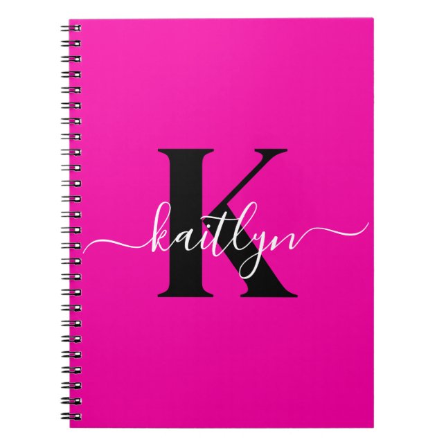 Carnet Monogramme moderne rose noir écriture script (Devant)