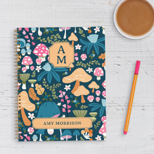 Carnet Monogramme Motif de champignon bleu rose