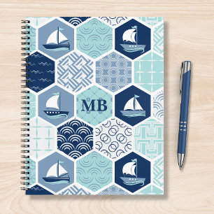 Carnet Monogramme Nautique Moderne Bateau Bleu Personnali