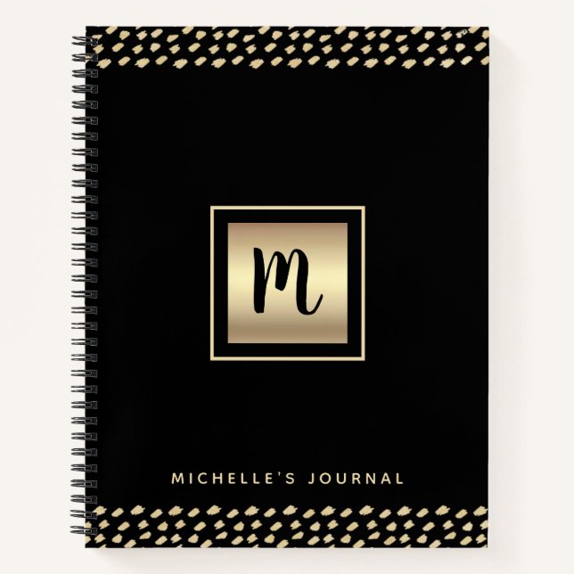 Carnet Monogramme noir feuille d'or script points moderne (Devant)