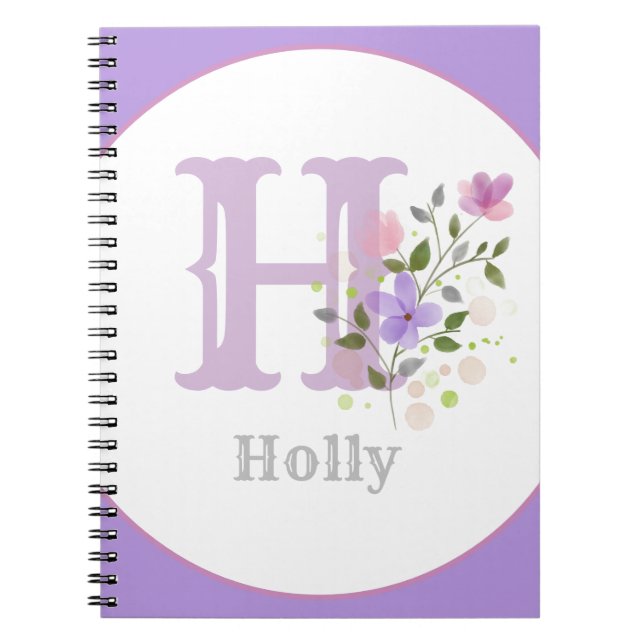 Carnet Monogramme & nom avec fleurs (Devant)