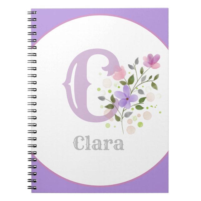 Carnet Monogramme & nom avec fleurs (Devant)