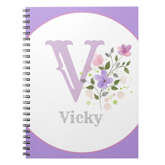 Carnet Monogramme & nom avec fleurs (Devant)
