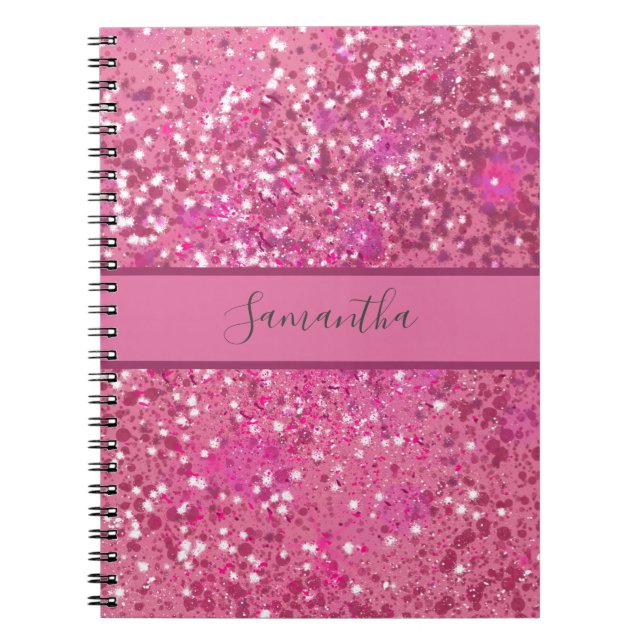 Carnet Monogramme Nom Parties scintillant rose chaud étin (Devant)