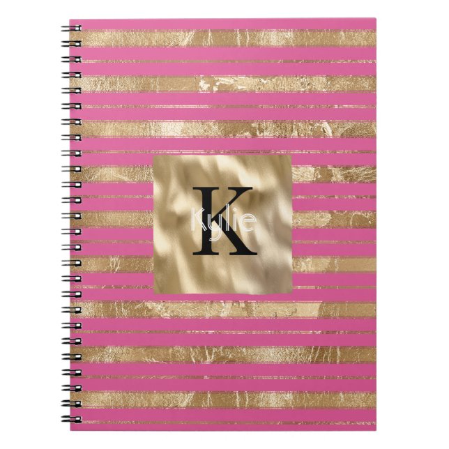 Carnet Monogramme Nom Rayures Rose Or (Devant)