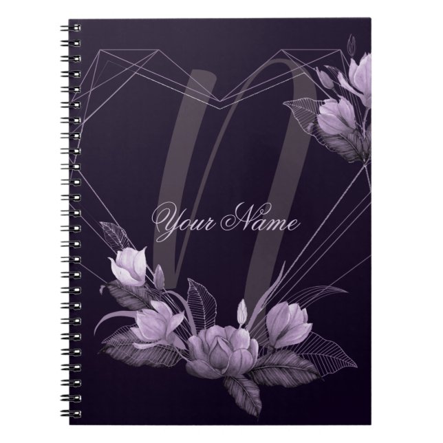 Carnet Monogramme Nom Violet Floral Violet Cadre géométri (Devant)