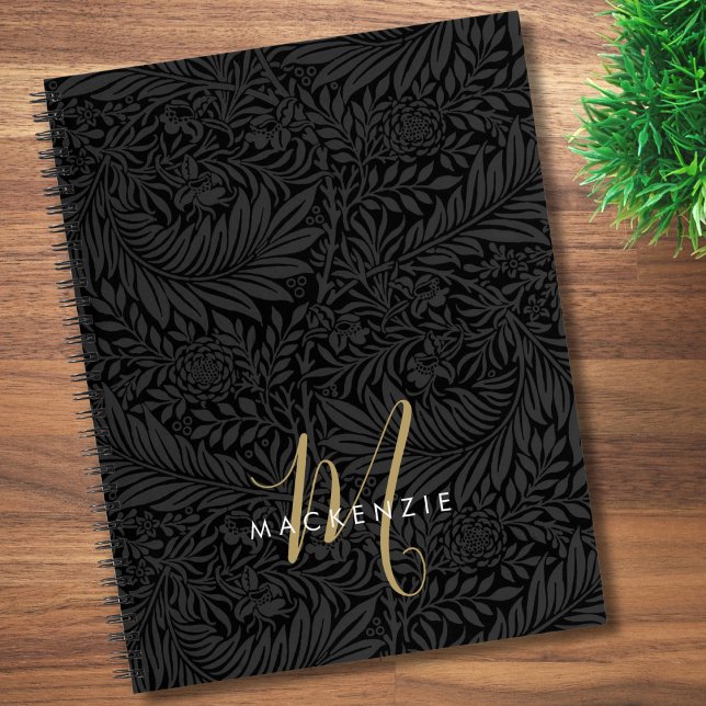 Carnet Monogramme Or Élégant Motif Floral Noir (Créateur téléchargé)