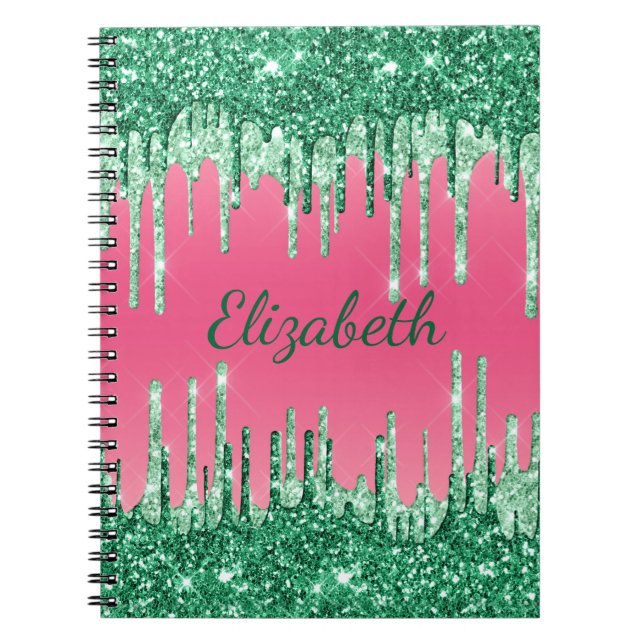 Carnet Monogramme Parties scintillant gouttes rose vert t (Devant)