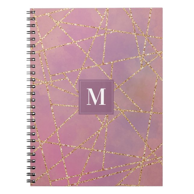 Carnet Monogramme Parties scintillant violet et or géomét (Devant)