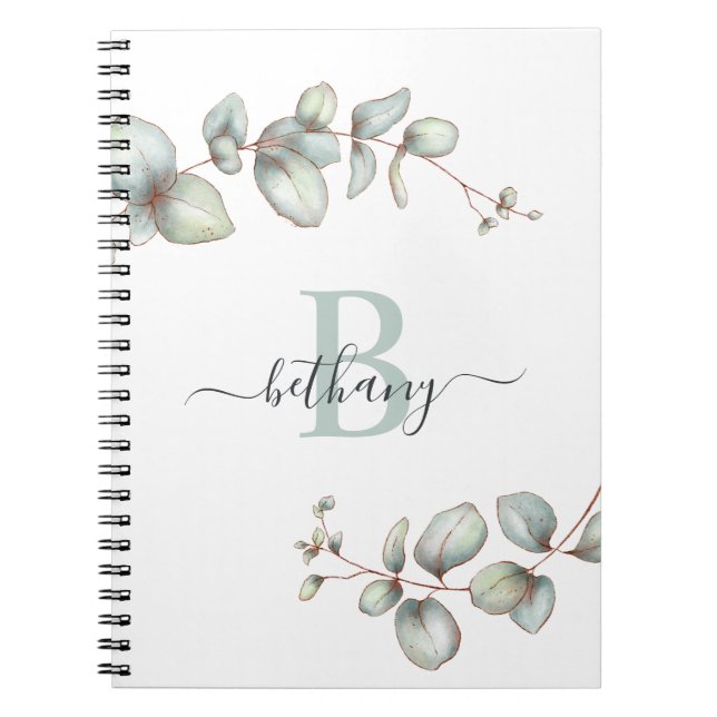 Carnet Monogramme personnalisé Dusty Green Eucalyptus (Devant)
