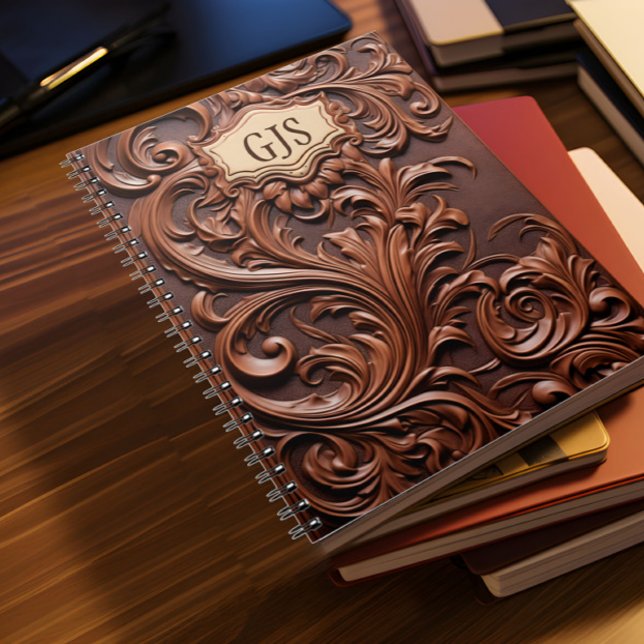Carnet Monogramme personnalisé Faux cuir (Faux brown leather notebook with monogramme lies on a desk with other books)