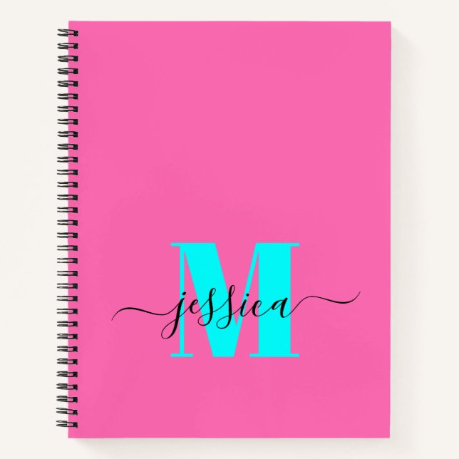 Carnet Monogramme personnalisé Hot Rose et Cyan (Devant)