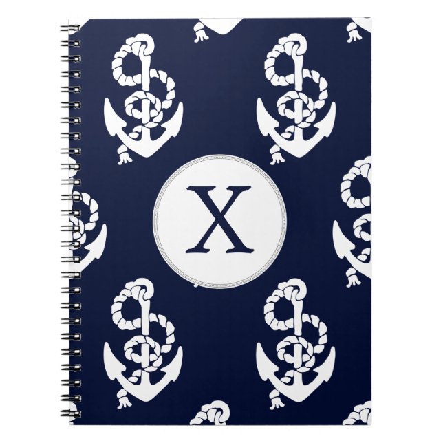 Carnet Monogramme personnalisé Marine Ancre bleue Nautiqu (Devant)