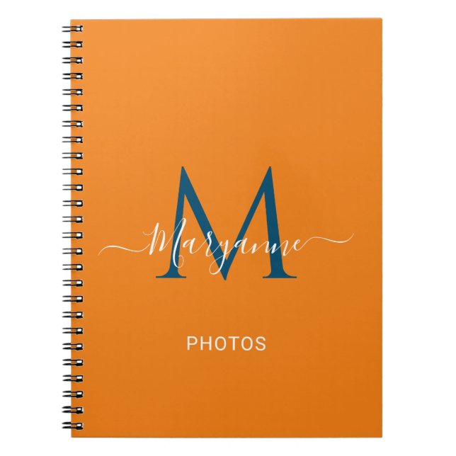 Carnet Monogramme personnalisé orange et bleu Photos bleu (Devant)