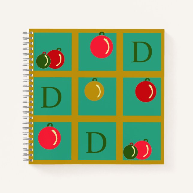 Carnet Monogramme personnalisé Rouge Vert, Ornament Or (Devant)