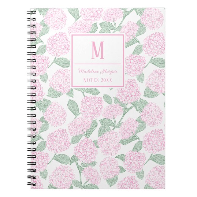 Carnet Monogramme Preppy rose et vert Hydrangeas (Devant)