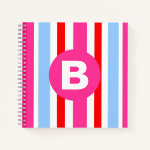 Carnet Monogramme rayures bonbons rose et bleu vif