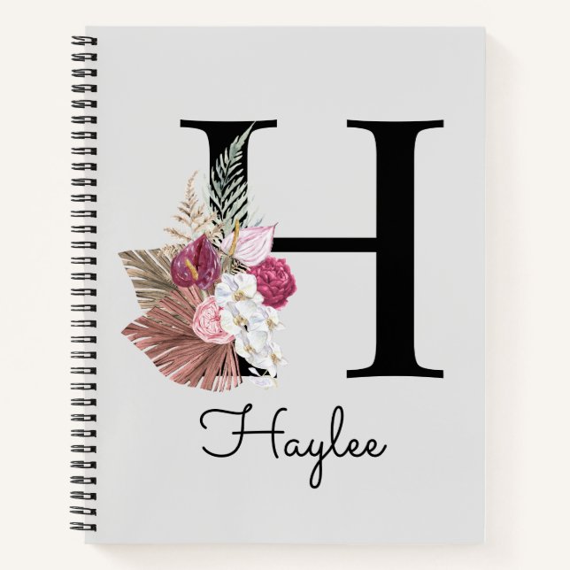 Carnet Monogramme Rose Boho Girl Floral Initial H (Devant)