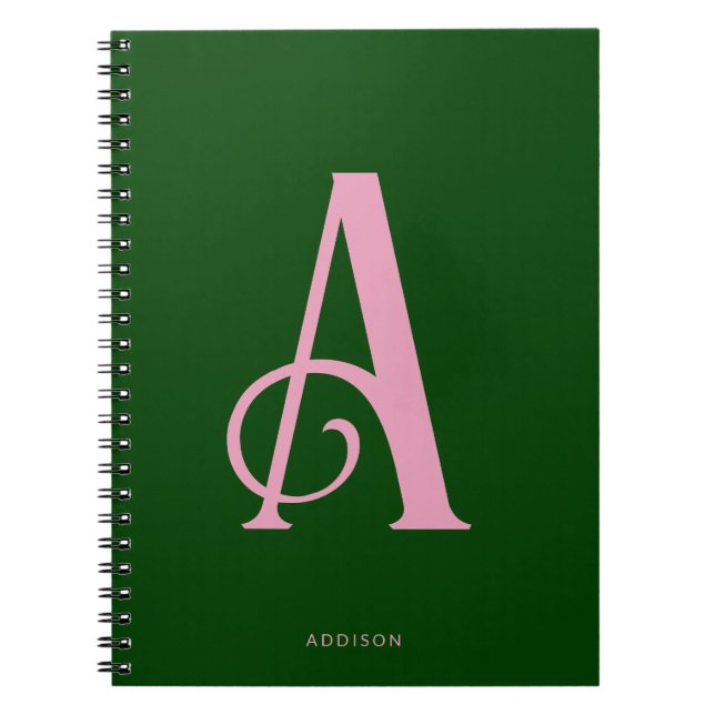 Carnet Monogramme rose élégant initial sur vert foncé (Devant)