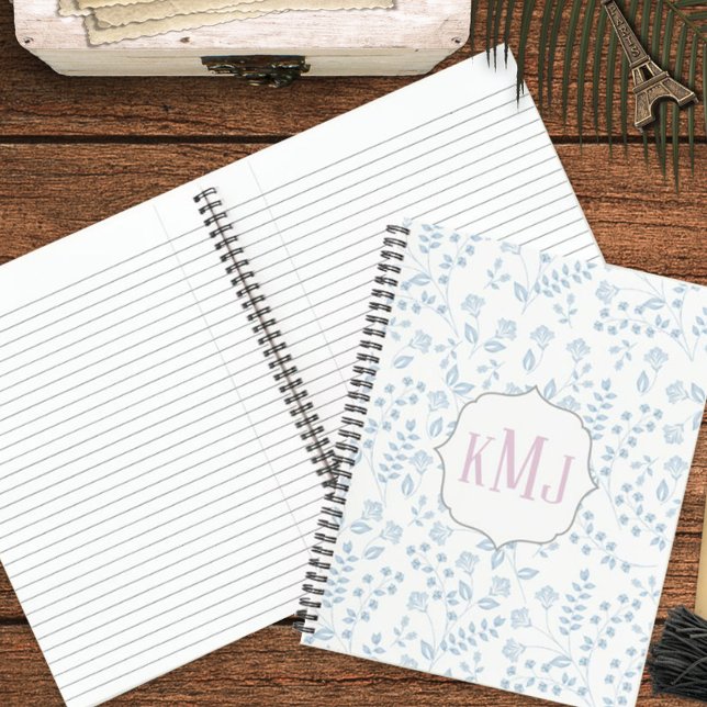 Carnet Monogramme rose floral bleu personnalisé (Créateur téléchargé)