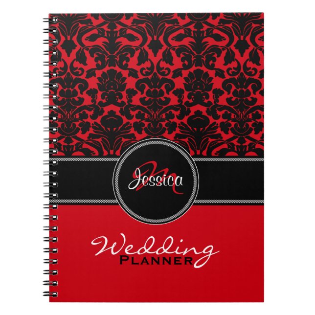 Carnet Monogramme Rouge noir blanc Mariage damassé Planne (Devant)
