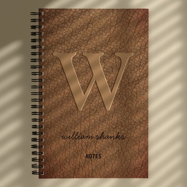 Carnet Monogramme rustique nom en script or marron cuir (Créateur téléchargé)