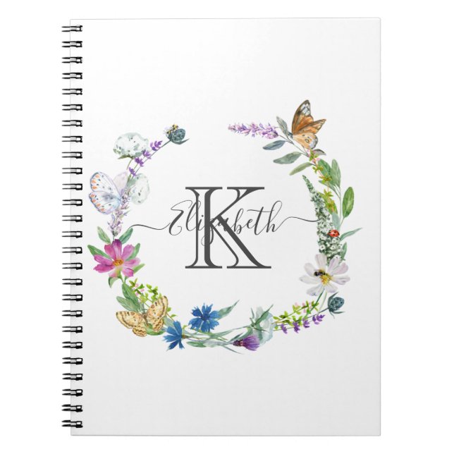 Carnet Monogramme Script Calligraphie Papillons Fleurs (Devant)
