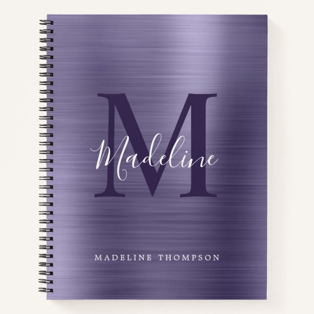 Carnet Monogramme simple brossé métallique violet moderne (Devant)
