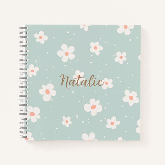 Carnet Monogramme tendance pastel motif floral bleu blanc (Devant)