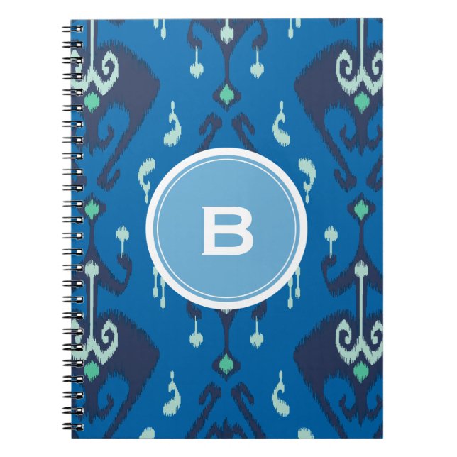 Carnet Monogramme tribal de motif d'ikat bleu moderne (Devant)