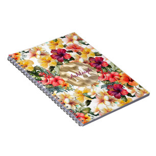 Carnet Monogramme Tropical Rouge Jaune Hibiscus Fleurs