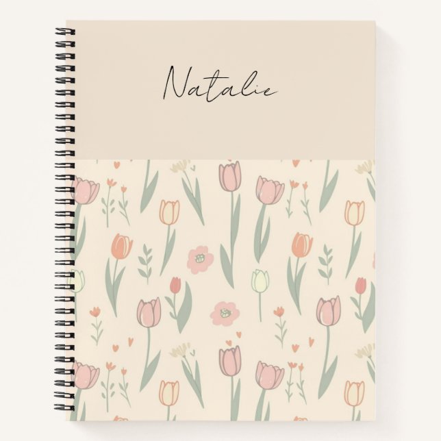Carnet Monogramme tulipes mignonnes fille fond rose écrit (Devant)