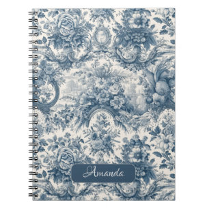 Carnet monogramme vintage fleuri Blue toile de jouy