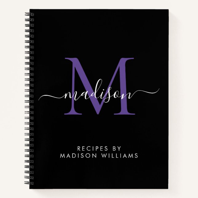 Carnet Monogramme violet noir Nom du script Recette (Devant)