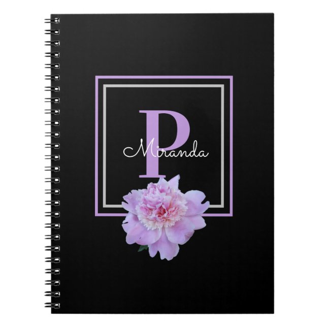 Carnet Monogramme violet rose pivoine noir (Devant)
