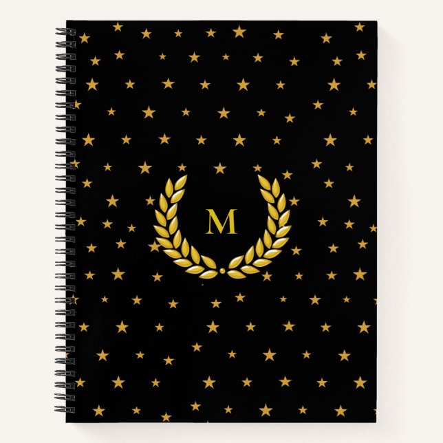 Carnet Monogrammes, Laurel et étoiles d'or sur Noir (Devant)