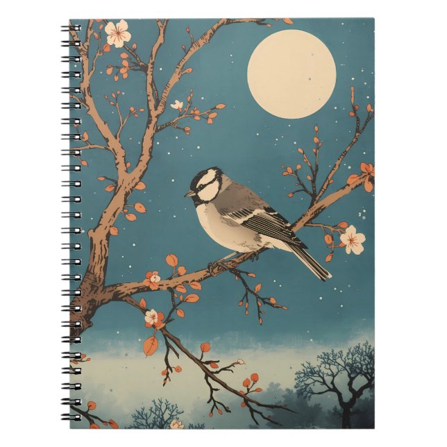 Carnet Moonlit Bird on Blossom Branch Notebook Notizblock (Vorderseite)