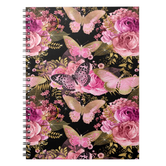 Carnet Motif à papillon floral rose et or (Devant)