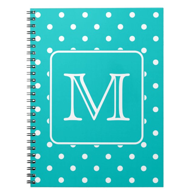 Carnet Motif à points Polka Turquoises et blancs. Monogra (Devant)