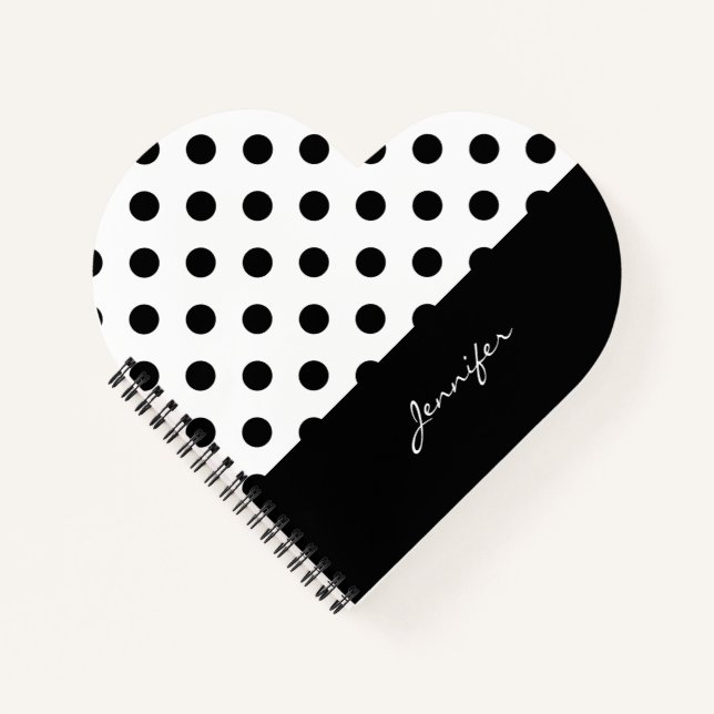 Carnet Motif à pois rétro noir et blanc avec nom (Devant)