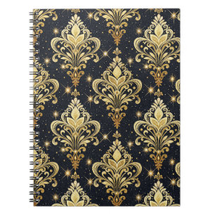 Carnet Motif damassé floral royal pailleté noir et or