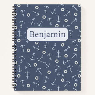 Carnet Motif d'ancre et nom personnalisé sur bleu marine