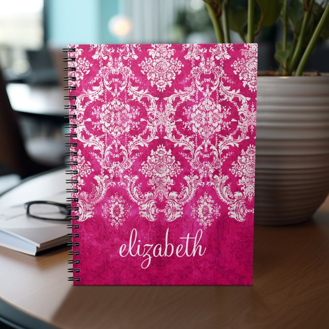 Carnet Motif de Damas de Grunge rose chaud Texte personna (Personalized notebook - add your name or other text)